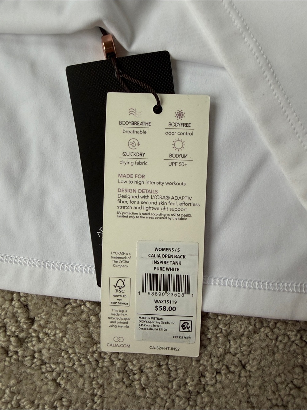 Calia Open Back Inspire Tank Top in Pure White Women’s Activewear Small NWT - Picture 5 of 12
